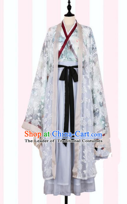 Asian China Jin Dynasty Swordswoman Embroidered Costume Complete Set, Traditional Ancient Chinese Elegant Hanfu Printing Cardigan Clothing for Women