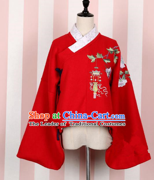 Asian China Ming Dynasty Young Lady Costume Red Embroidered Blouse, Traditional Ancient Chinese Elegant Hanfu Shirts Clothing for Women