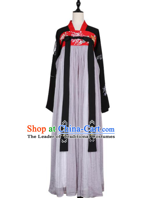Asian China Tang Dynasty Young Lady Embroidered Costume, Traditional Ancient Chinese Imperial Concubine Elegant Hanfu Grey Slip Skirt Clothing for Women