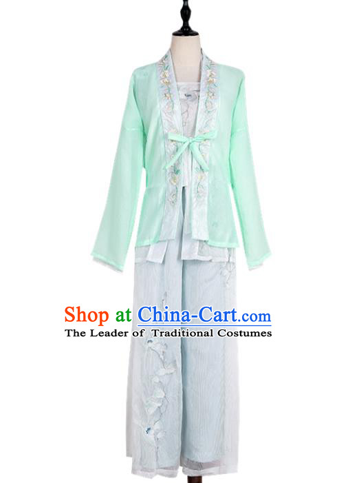 Asian China Song Dynasty Young Lady Embroidered Costume, Traditional Ancient Chinese Princess Elegant Hanfu Embroidery Blouse and Pants Clothing for Women