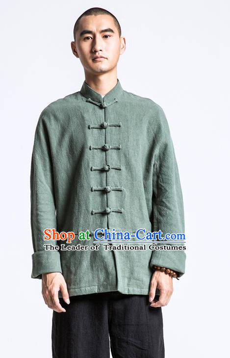 Asian China National Costume Green Linen Shirts, Traditional Chinese Tang Suit Plated Buttons Upper Outer Garment Clothing for Men