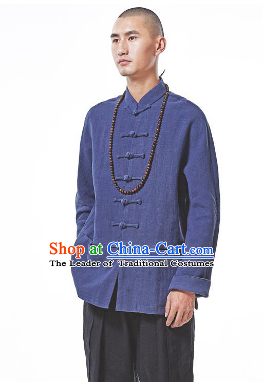 Asian China National Costume Deep Blue Linen Shirts, Traditional Chinese Tang Suit Plated Buttons Upper Outer Garment Clothing for Men