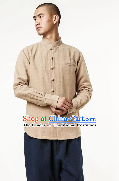 Asian China National Costume Stand Collar Khaki Linen Shirts, Traditional Chinese Tang Suit Plated Buttons Upper Outer Garment Clothing for Men