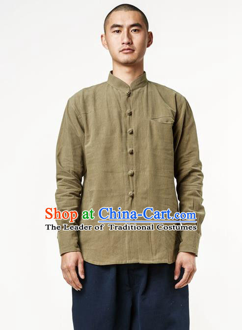 Asian China National Costume Stand Collar Green Linen Shirts, Traditional Chinese Tang Suit Plated Buttons Upper Outer Garment Clothing for Men
