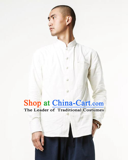 Asian China National Costume Stand Collar White Linen Shirts, Traditional Chinese Tang Suit Plated Buttons Upper Outer Garment Clothing for Men