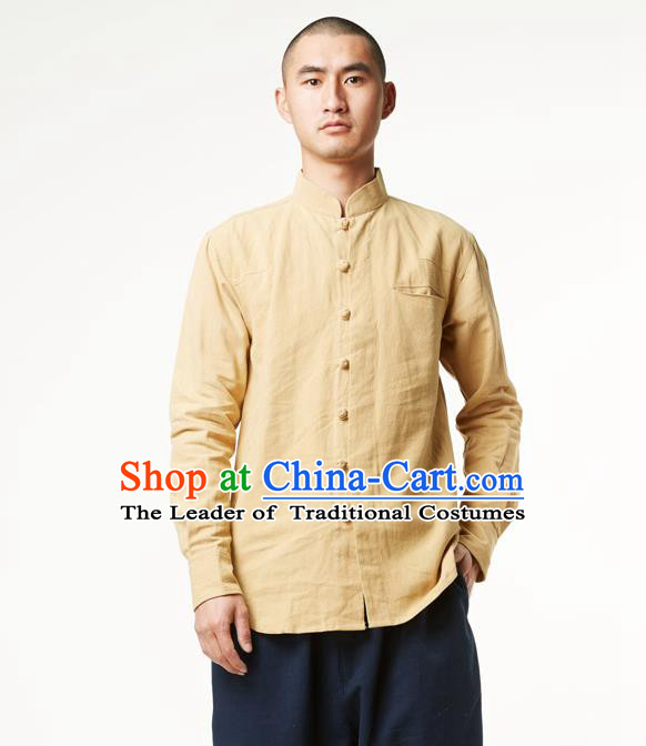 Asian China National Costume Stand Collar Yellow Linen Shirts, Traditional Chinese Tang Suit Plated Buttons Upper Outer Garment Clothing for Men