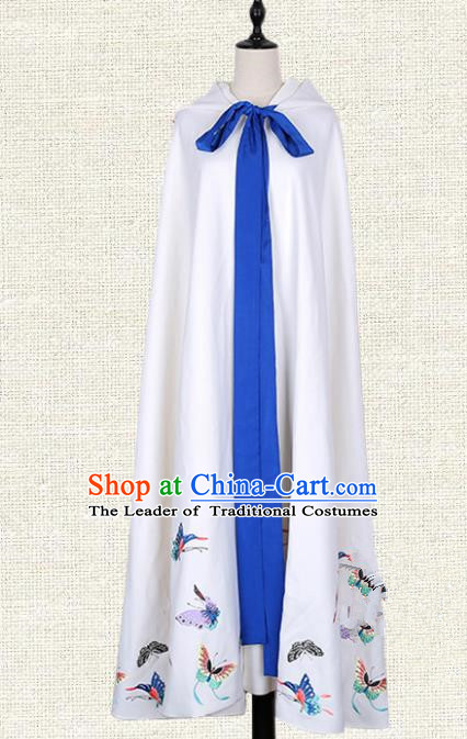 Asian China Tang Dynasty Princess Clothing Embroidered Butterfly White Cape, Traditional Ancient Chinese Palace Lady Hanfu Mantle for Women