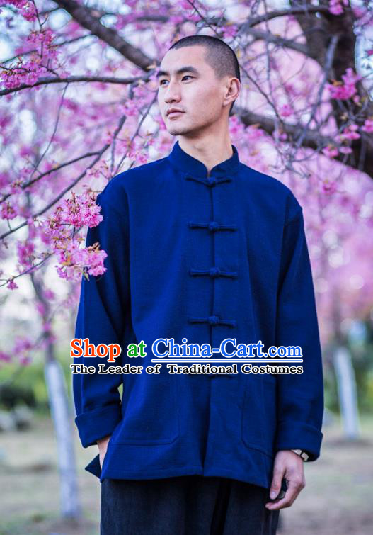 Asian China National Costume Stand Collar Blue Linen Shirts, Traditional Chinese Tang Suit Plated Buttons Upper Outer Garment Clothing for Men