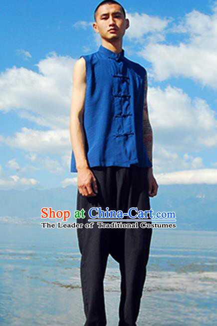 Asian China National Costume Blue Linen Vests, Traditional Chinese Tang Suit Plated Buttons Upper Outer Garment Waistcoat Clothing for Men