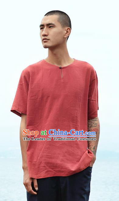 Asian China National Costume Red Linen T-Shirts, Traditional Chinese Tang Suit Coconut Buttons Upper Outer Garment Clothing for Men