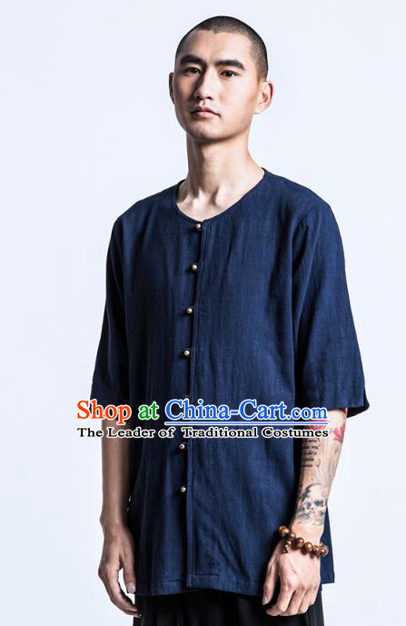 Asian China National Costume Navy Linen T-Shirts, Traditional Chinese Tang Suit Brass Buttons Upper Outer Garment Clothing for Men