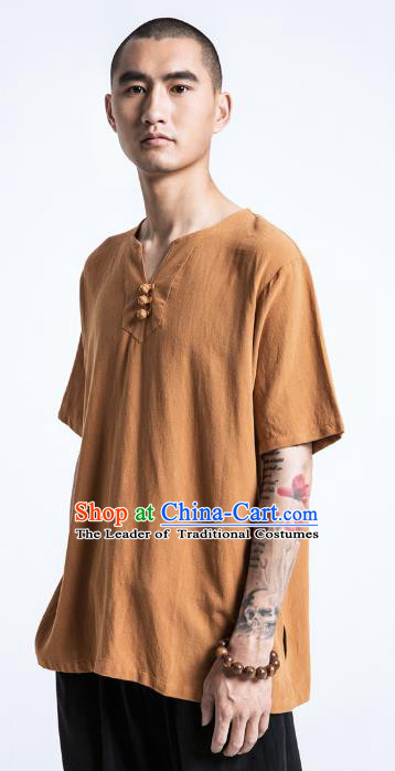 Asian China National Costume Brown Linen T-Shirts, Traditional Chinese Tang Suit Plated Buttons Upper Outer Garment Clothing for Men