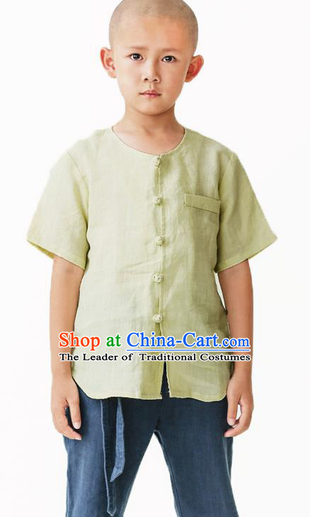 Asian China National Costume Green Linen Kung Fu Shirts, Traditional Chinese Tang Suit Upper Outer Garment Clothing for Kids