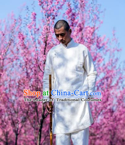 Asian China National Costume White Linen Slant Opening Robe, Traditional Chinese Tang Suit Plated Buttons Coat Clothing for Men