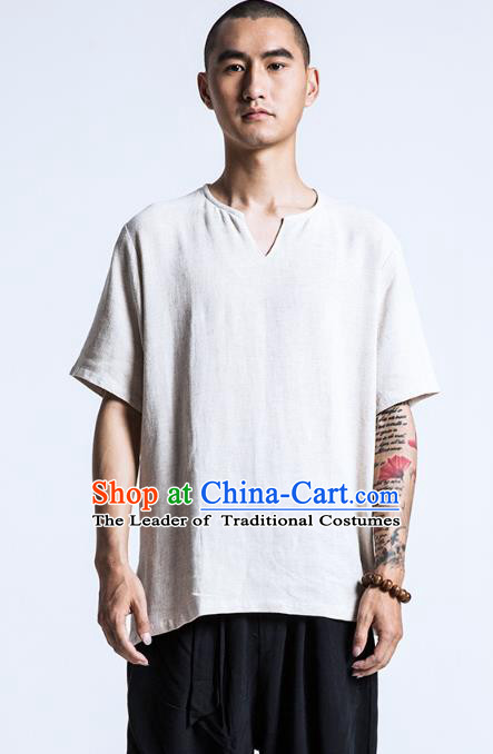 Asian China National Costume White Linen T-Shirts, Traditional Chinese Tang Suit Upper Outer Garment Clothing for Men