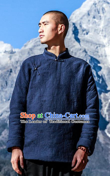 Asian China National Blue Linen Costume Martial Arts Kung Fu Jacket, Traditional Chinese Tang Suit Upper Outer Garment Coat Clothing for Men