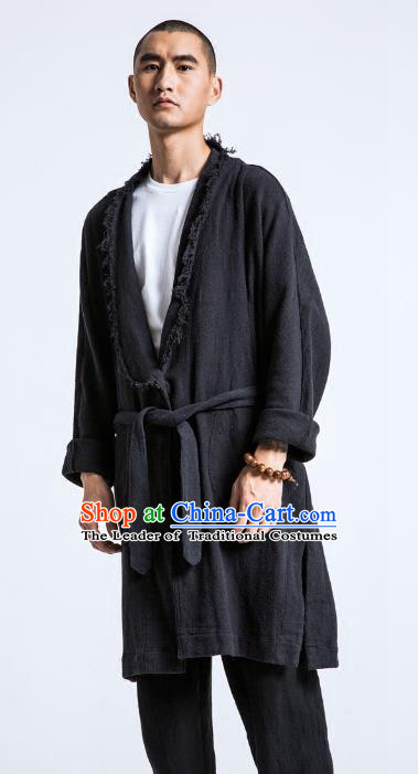 Asian China National Black Linen Costume Martial Arts Kung Fu Dust Coat, Traditional Chinese Tang Suit Upper Outer Garment Coat Clothing for Men