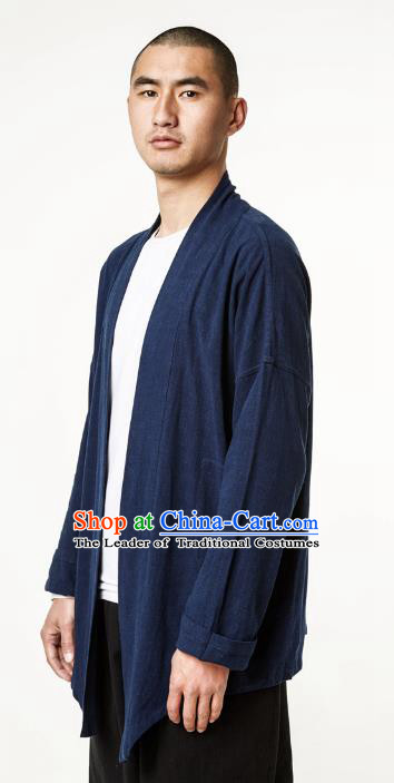 Asian China National Costume Navy Linen Cardigan, Traditional Chinese Tang Suit Coat Clothing for Men
