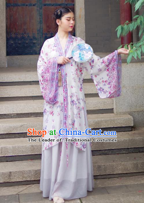 Asian China Han Dynasty Palace Lady Costume Princess Purple Printing Wide Sleeve Cardigan for Women