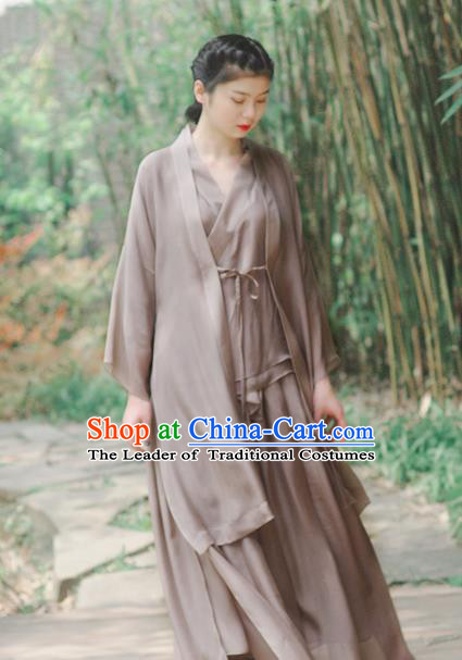 Asian China National Costume Grey Silk Hanfu Dress, Traditional Chinese Tang Suit Cheongsam Clothing for Women