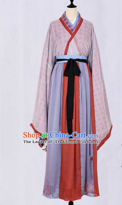 Asian China Jin Dynasty Swordsman Printing Clothing Complete Set, Traditional Ancient Chinese Palace Lady Elegant Hanfu Costume for Women