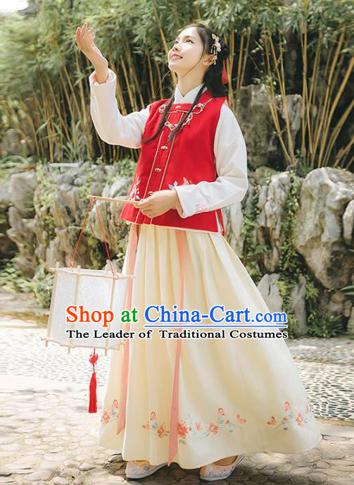 Asian China Ming Dynasty Palace Lady Embroidered Costume, Traditional Ancient Chinese Elegant Hanfu Red Vest Blouse and Skirt for Women