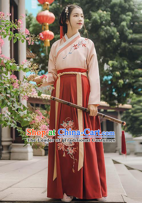 Asian China Ming Dynasty Palace Lady Embroidered Costume, Traditional Ancient Chinese Princess Elegant Hanfu Pink Blouse and Red Skirt for Women