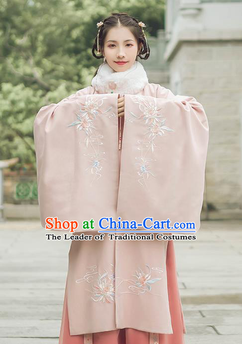 Asian China Ming Dynasty Palace Lady Embroidered Costume, Traditional Ancient Chinese Princess Elegant Hanfu Pink Cardigan for Women