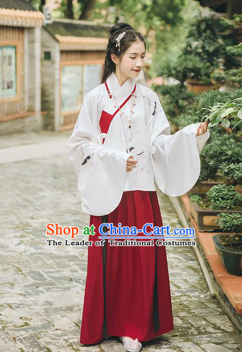 Asian China Ming Dynasty Princess Costume Embroidered Blouse and Skirt, Traditional Ancient Chinese Elegant Princess Hanfu Clothing for Women