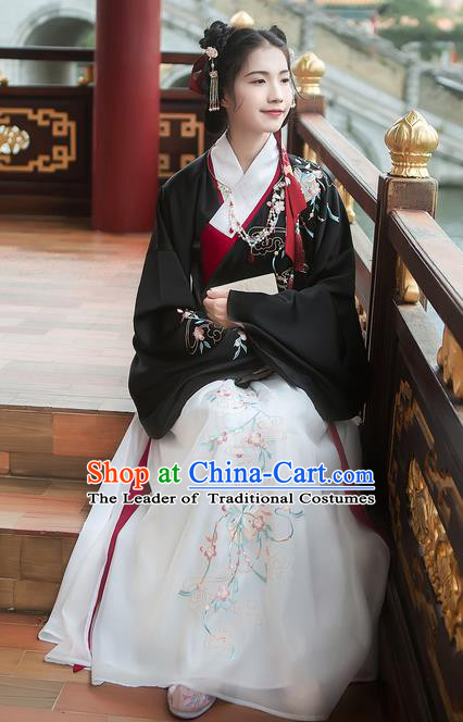 Asian China Ming Dynasty Princess Costume Embroidered Black Blouse and White Skirt, Traditional Ancient Chinese Elegant Princess Hanfu Clothing for Women