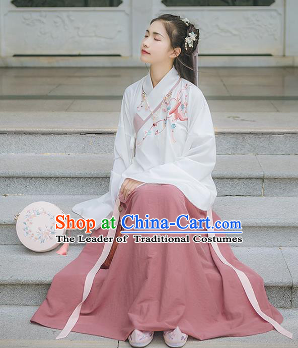 Asian China Ming Dynasty Princess Costume Embroidery White Blouse and Pink Skirt, Traditional Ancient Chinese Princess Elegant Hanfu Clothing for Women
