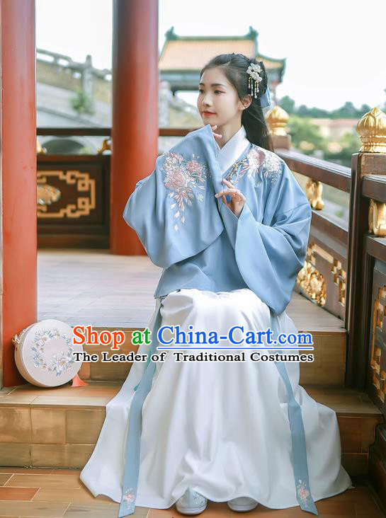 Asian China Ming Dynasty Palace Lady Costume Embroidery Blue Blouse and White Skirt, Traditional Ancient Chinese Princess Elegant Hanfu Clothing for Women