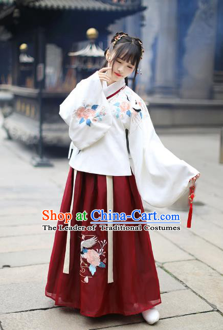 Asian China Ming Dynasty Palace Lady Wedding Costume Embroidery White Blouse and Red Skirt, Traditional Ancient Chinese Princess Elegant Hanfu Clothing for Women