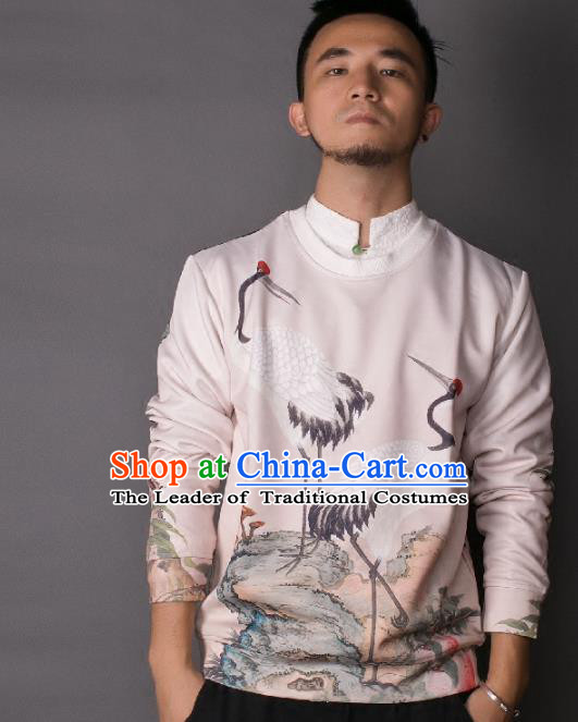 Asian China National Costume Printing Crane Sweater, Traditional Chinese Tang Suit Hoodie Clothing for Men