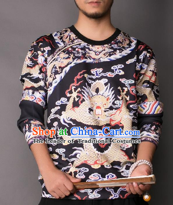 Asian China National Costume Printing Black Sweater, Traditional Chinese Tang Suit Hoodie Clothing for Men