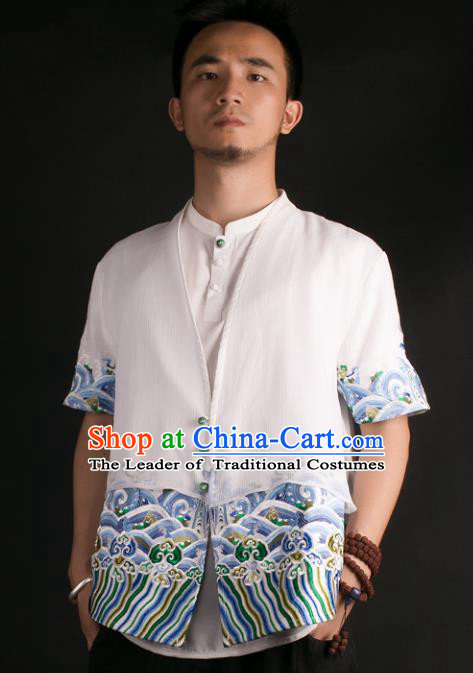 Asian China National Costume Embroidered White Shirt, Traditional Chinese Tang Suit Underwear Clothing for Men