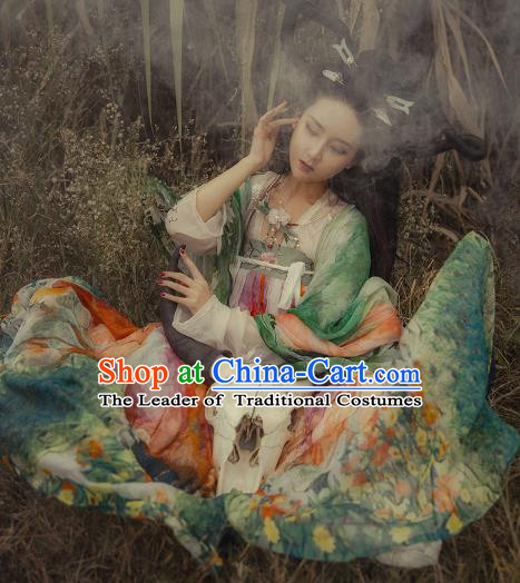 Asian China Tang Dynasty Palace Lady Costume, Traditional Ancient Chinese Imperial Concubine Elegant Hanfu Printing Dress for Women