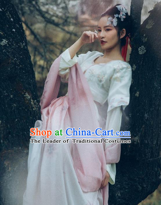 Asian China Tang Dynasty Young Lady Embroidered Half-Sleeves Costume Complete Set, Traditional Ancient Chinese Princess Hanfu Clothing for Women