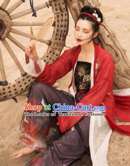 Asian China Song Dynasty Young Lady Costume Embroidered Blouse and Pants Complete Set for Women
