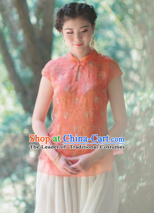 Asian China National Costume Orange Silk Hanfu Embroidered Qipao Shirts Upper Outer Garment, Traditional Chinese Tang Suit Cheongsam Blouse Clothing for Women