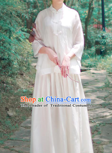 Asian China National Costume Hanfu Plated Buttons Qipao White Shirts Upper Outer Garment, Traditional Chinese Tang Suit Cheongsam Blouse for Women
