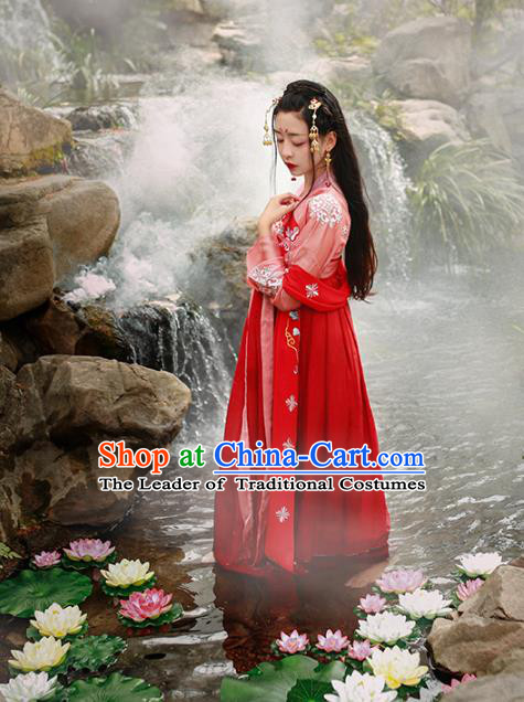 Asian China Tang Dynasty Princess Wedding Costume, Traditional Ancient Chinese Palace Lady Embroidered Elegant Hanfu Clothing for Women