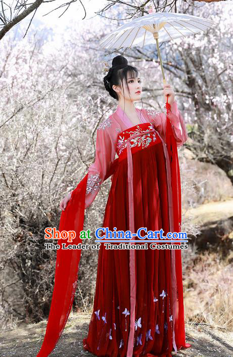 Asian China Tang Dynasty Princess Red Slip Skirt Costume, Traditional Ancient Chinese Palace Lady Embroidered Elegant Hanfu Clothing for Women