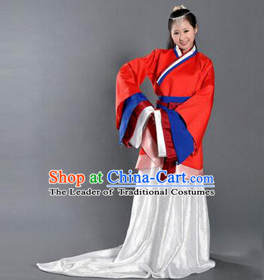 Asian China Ancient Han Dynasty Palace Lady Costume, Traditional Chinese Imperial Empress Tailing Embroidered Red Curve Bottom Clothing for Women
