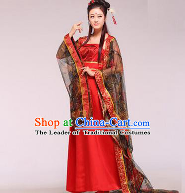 Asian China Ancient Tang Dynasty Imperial Consort Fairy Costume, Traditional Chinese Empress Embroidered Red Tailing Dress Clothing for Women