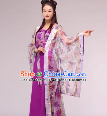 Asian China Ancient Tang Dynasty Imperial Consort Fairy Costume, Traditional Chinese Empress Embroidered Purple Tailing Dress Clothing for Women
