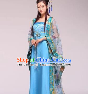 Asian China Ancient Tang Dynasty Imperial Consort Fairy Costume, Traditional Chinese Empress Embroidered Blue Tailing Dress Clothing for Women