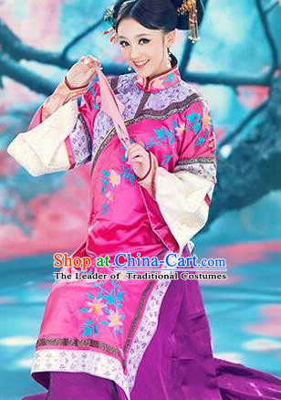 Traditional Ancient Chinese Imperial Consort Costume, Chinese Qing Dynasty Manchu Lady Rosy Dress Embroidered Clothing for Women