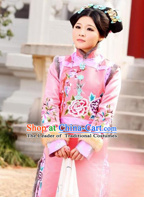 Traditional Ancient Chinese Imperial Consort Costume, Chinese Qing Dynasty Manchu Lady Embroidered Clothing for Women