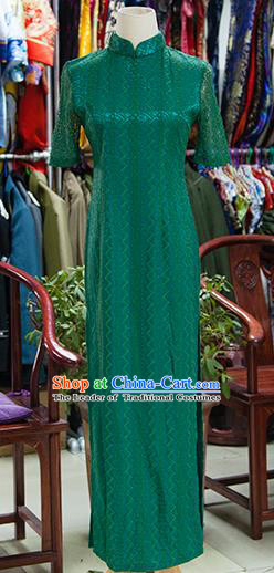 Traditional Ancient Chinese Republic of China Green Silk Cheongsam, Asian Chinese Chirpaur Printing Qipao Dress Clothing for Women